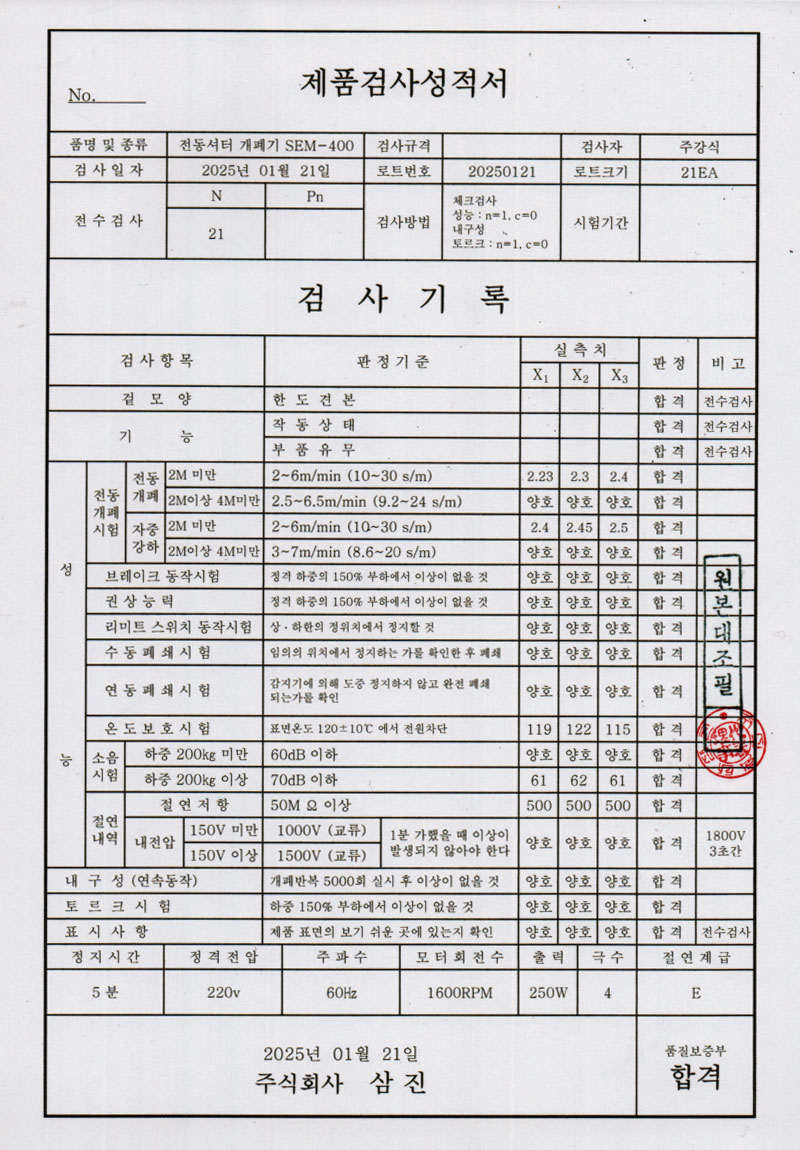 전동셔터개폐기 SEM-400
시험성적서